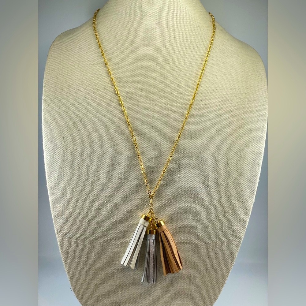 J. Crew Gold Tone Triple Leather Tassel Pendant Long Chain Necklace Boho Classic